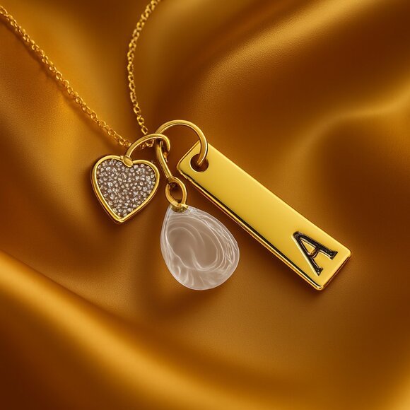Gold Charm Necklace w/ Crystal Heart, "A" Engraved Tag & Teardrop Quartz Pendant - Picture 1 of 7